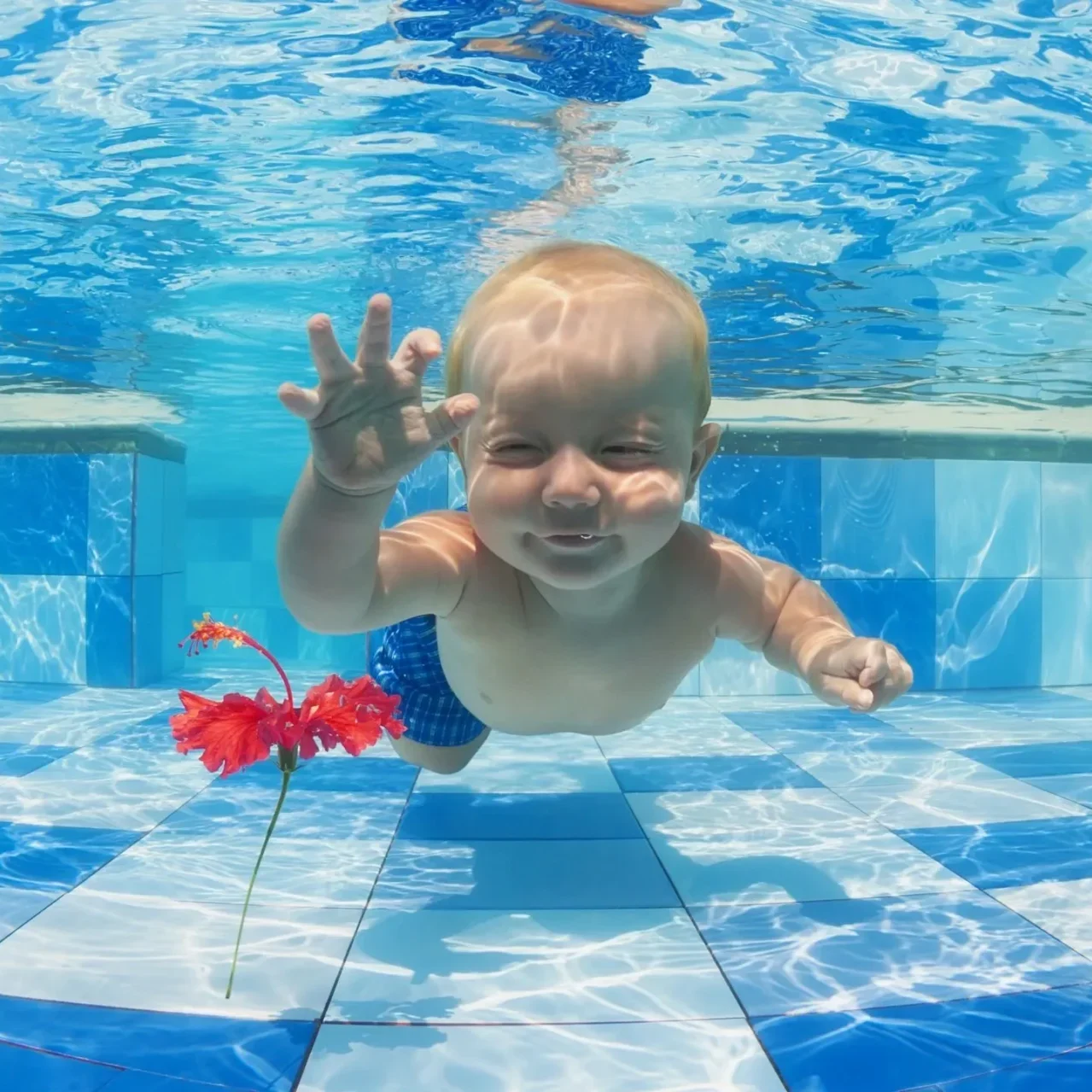 A baby swimming in the pool with his hand up.